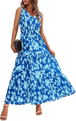 Summer Dresses Long Dresses Sleeveless Boho Dress Floral Dress Work Sun Dresses V Neck Maxi Dress Beach Vacation