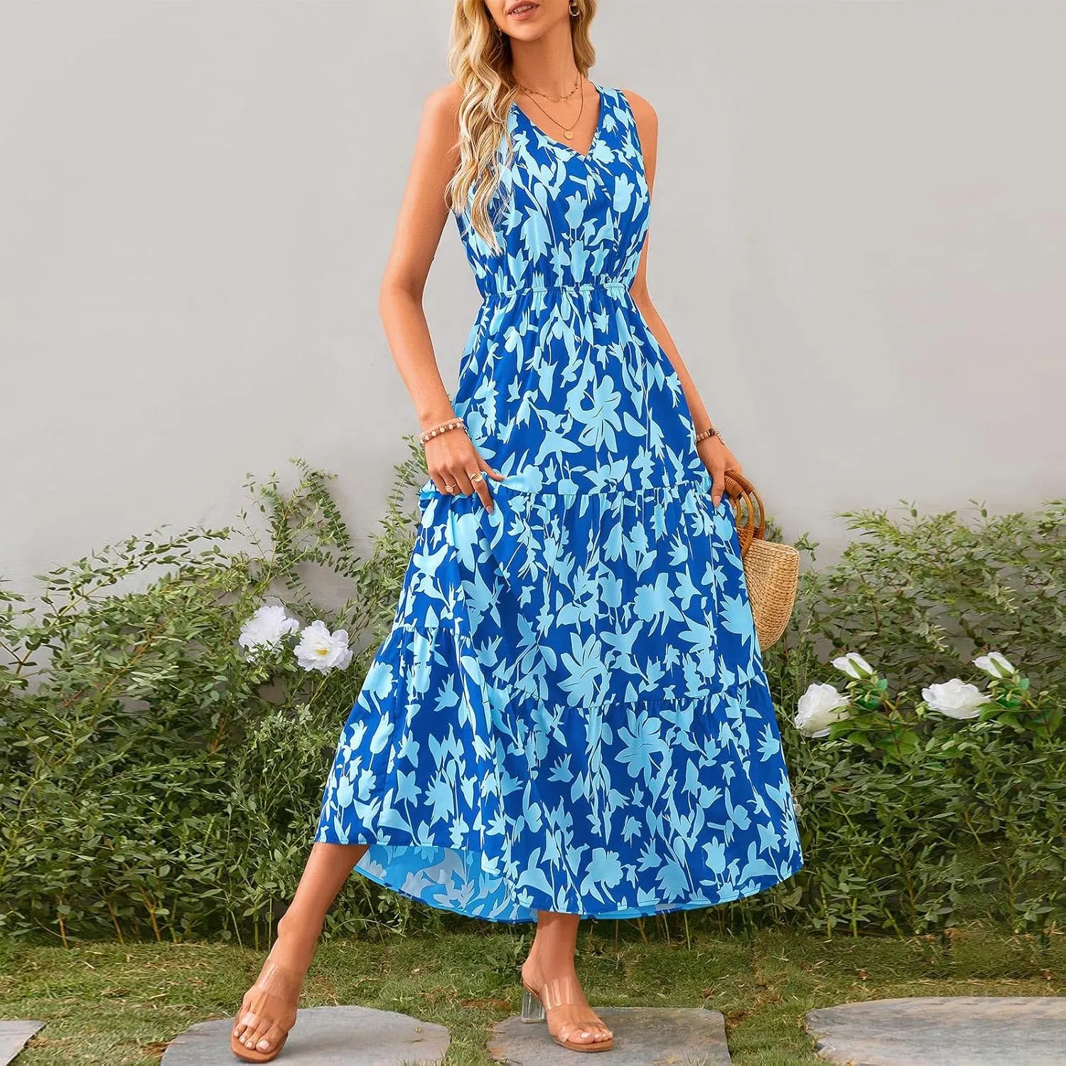 Summer Dresses Long Dresses Sleeveless Boho Dress Floral Dress Work Sun Dresses V Neck Maxi Dress Beach Vacation
