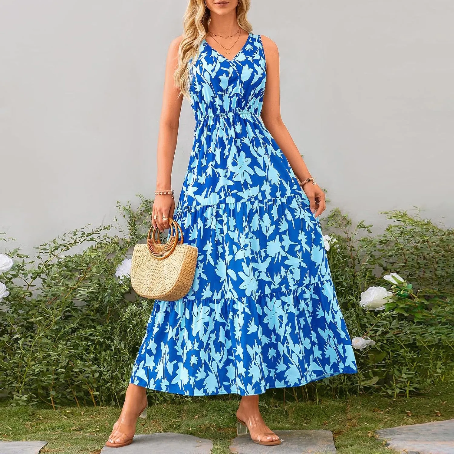 Summer Dresses Long Dresses Sleeveless Boho Dress Floral Dress Work Sun Dresses V Neck Maxi Dress Beach Vacation