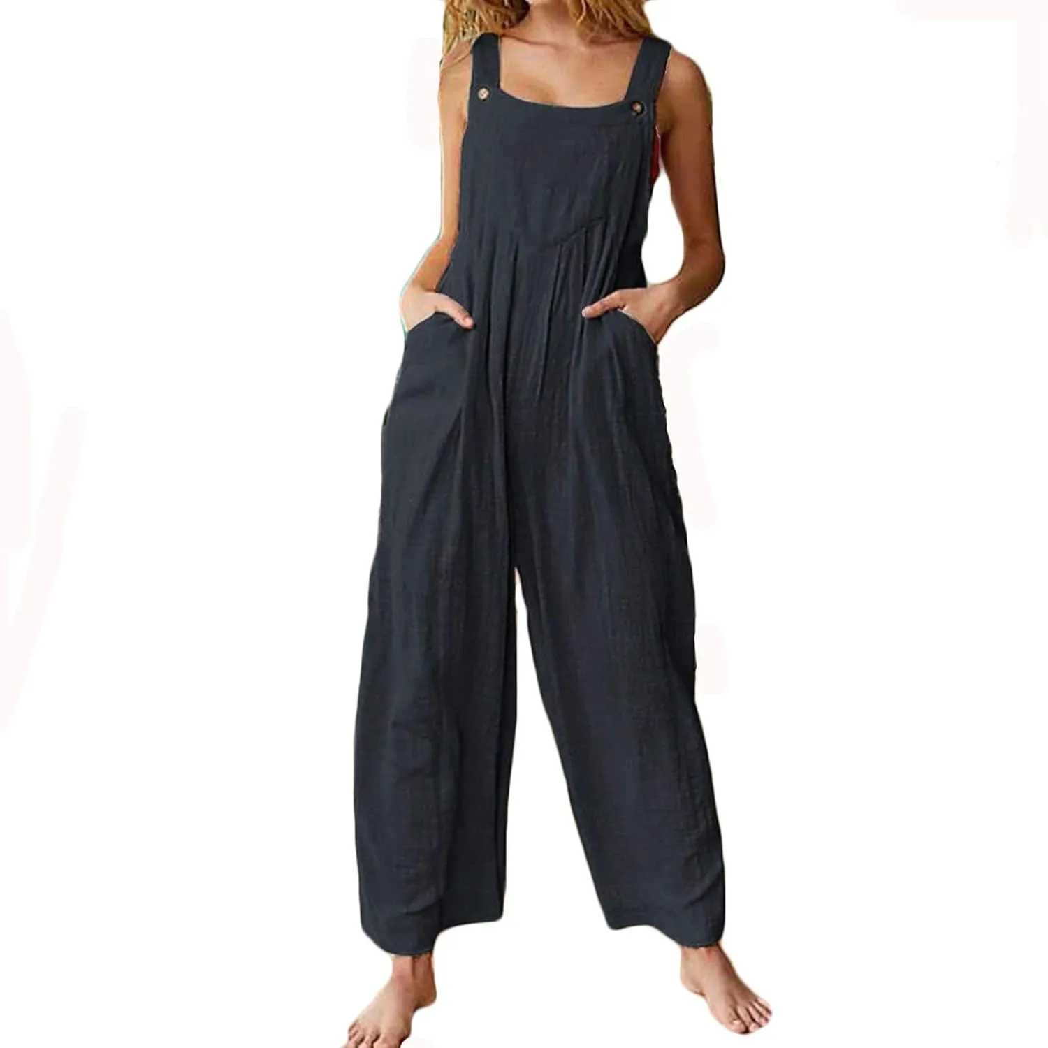Summer Jumpsuit for Women,Boho Spaghetti Strap Overalls Retro Ethnic Style Rompers Loose Jumpsuits with Pockets