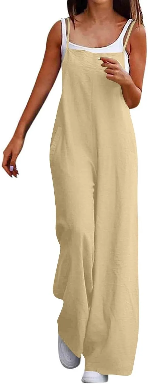 Summer Jumpsuits for Women 2025 Linen Maternity Jumpsuit Sleeveless Spaghetti Straps Wide Leg Jumpsuits with Pockets