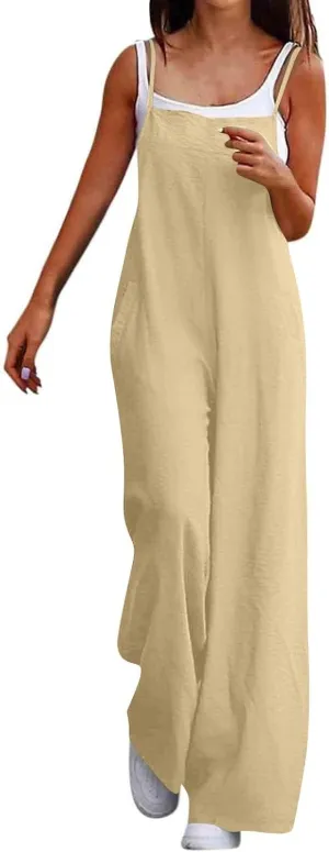 Summer Jumpsuits for Women 2025 Linen Maternity Jumpsuit Sleeveless Spaghetti Straps Wide Leg Jumpsuits with Pockets