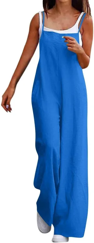 Summer Jumpsuits for Women 2025 Linen Maternity Jumpsuit Sleeveless Spaghetti Straps Wide Leg Jumpsuits with Pockets