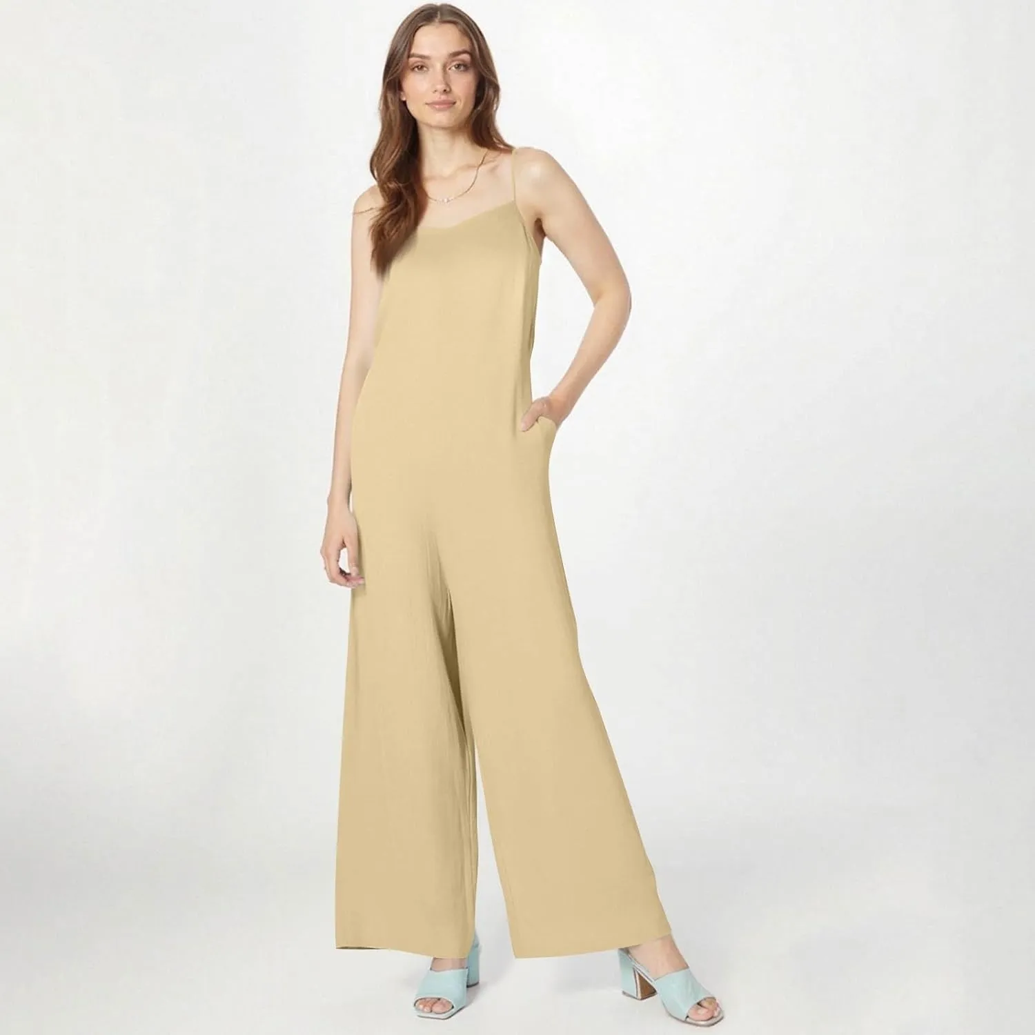 Summer Jumpsuits for Women 2025 Linen Maternity Jumpsuit Sleeveless Spaghetti Straps Wide Leg Jumpsuits with Pockets
