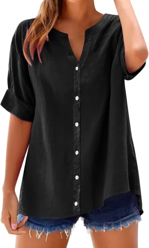 Summer Linen Tops for Women 2025 Trendy Plus Size Button Down Cotton Shirt Short Sleeve V Neck Boho Clothes Outfits