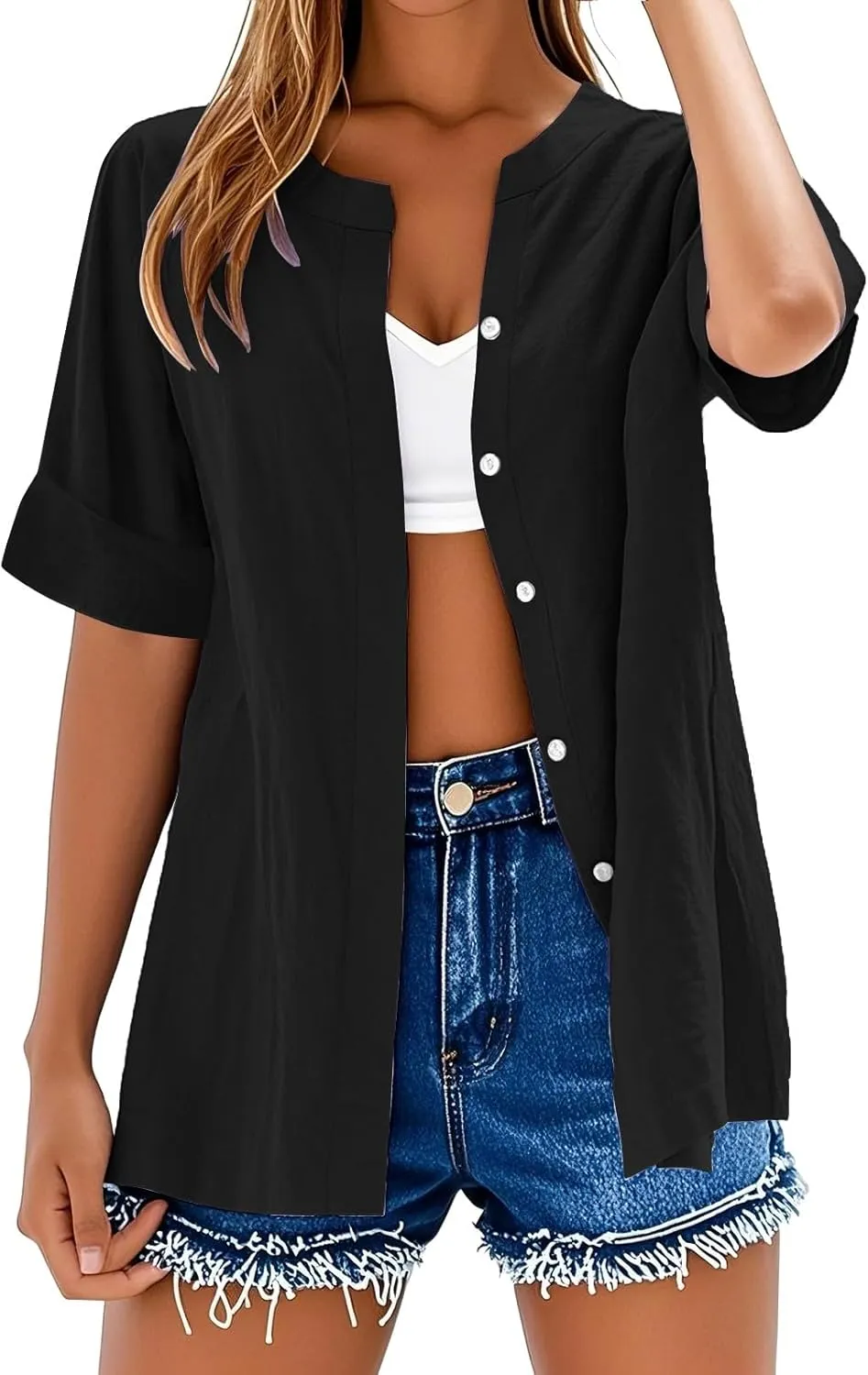 Summer Linen Tops for Women 2025 Trendy Plus Size Button Down Cotton Shirt Short Sleeve V Neck Boho Clothes Outfits
