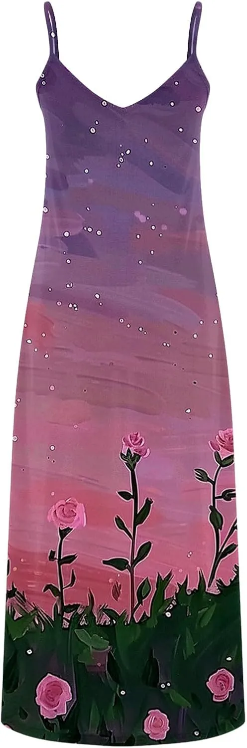Summer Long Dresses for Women 2024 Casual Loose Printed Spaghetti Strap Maxi Dresses v Neck Ankle Length Dresses