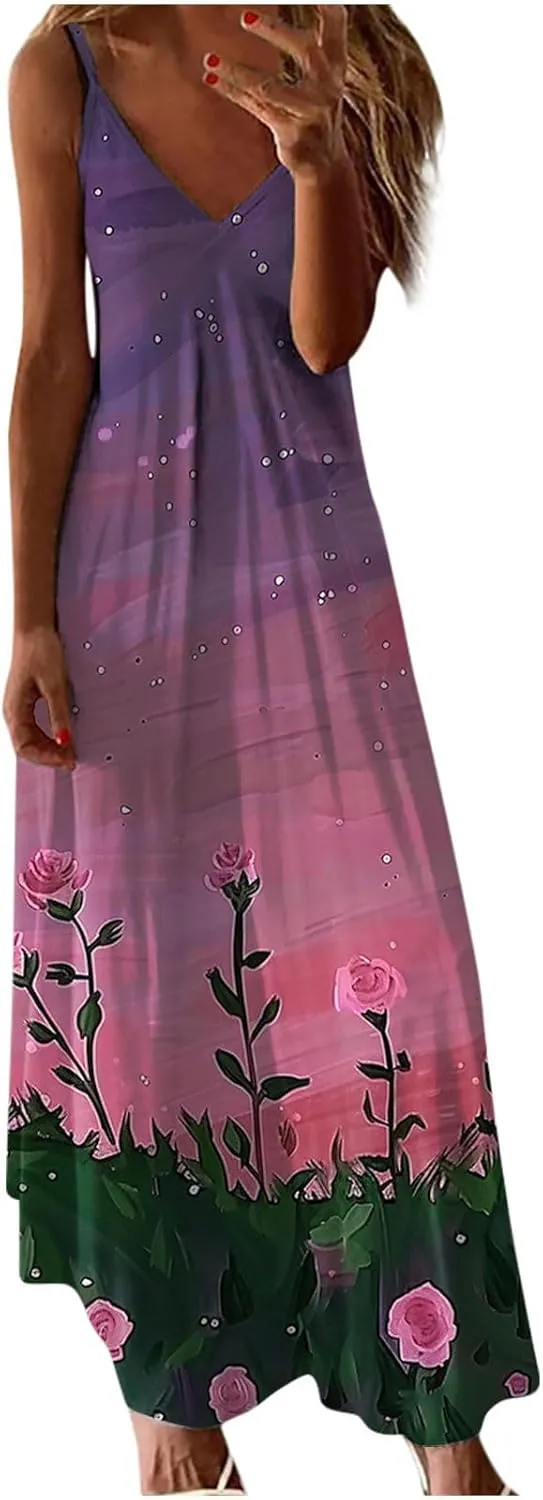 Summer Long Dresses for Women 2024 Casual Loose Printed Spaghetti Strap Maxi Dresses v Neck Ankle Length Dresses