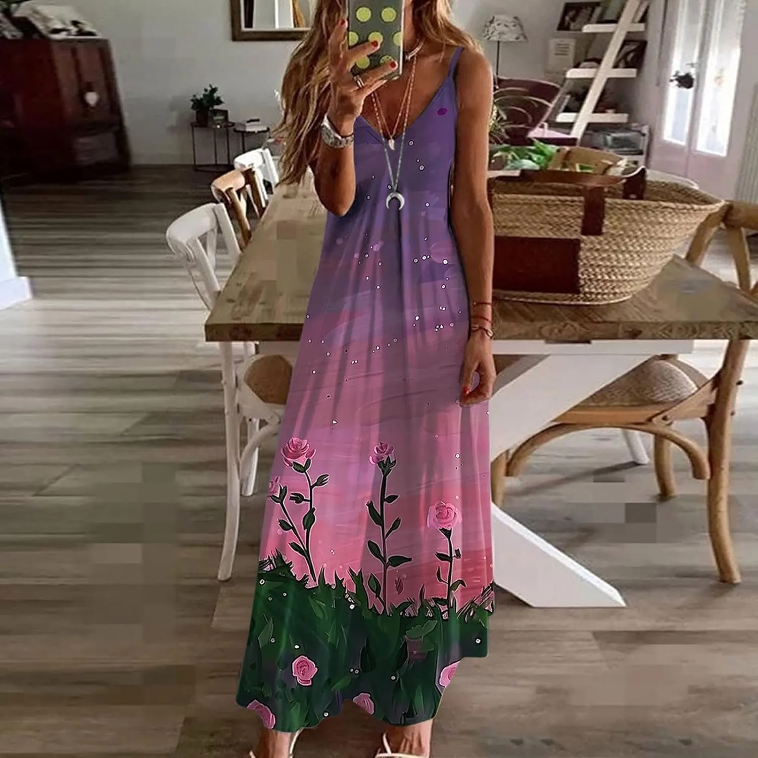Summer Long Dresses for Women 2024 Casual Loose Printed Spaghetti Strap Maxi Dresses v Neck Ankle Length Dresses