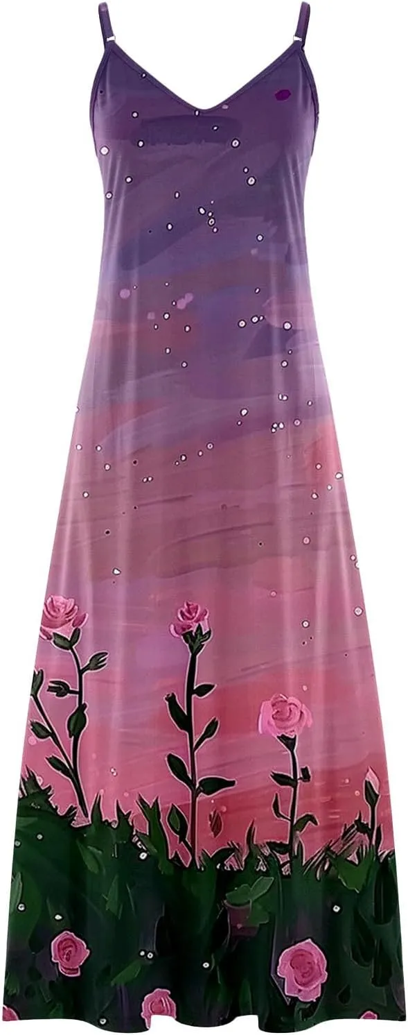 Summer Long Dresses for Women 2024 Casual Loose Printed Spaghetti Strap Maxi Dresses v Neck Ankle Length Dresses