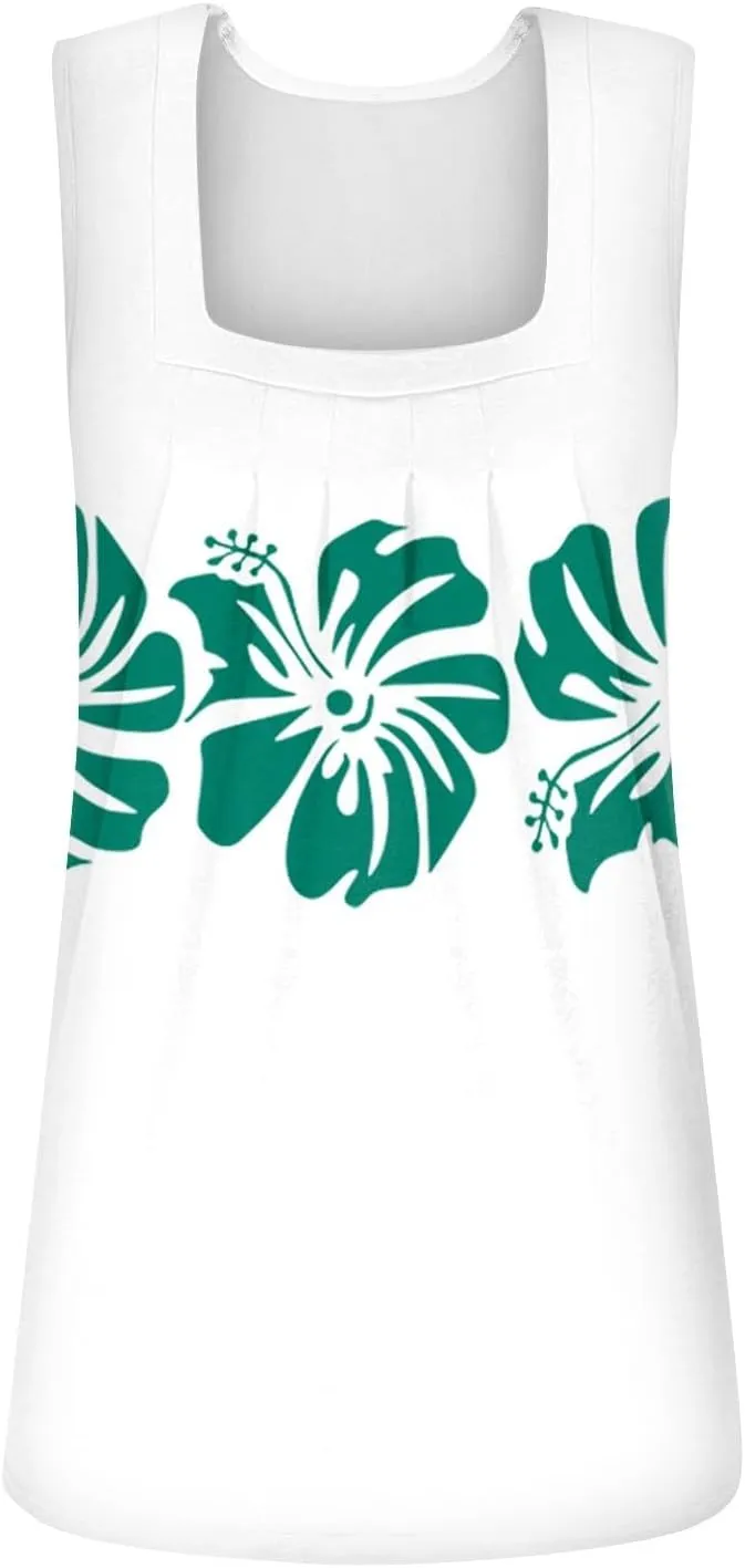 Summer Tank Tops for Women Casual Sleeveless Top Floral Print Pleated Square Neck Curved Hem Flowy Tanks