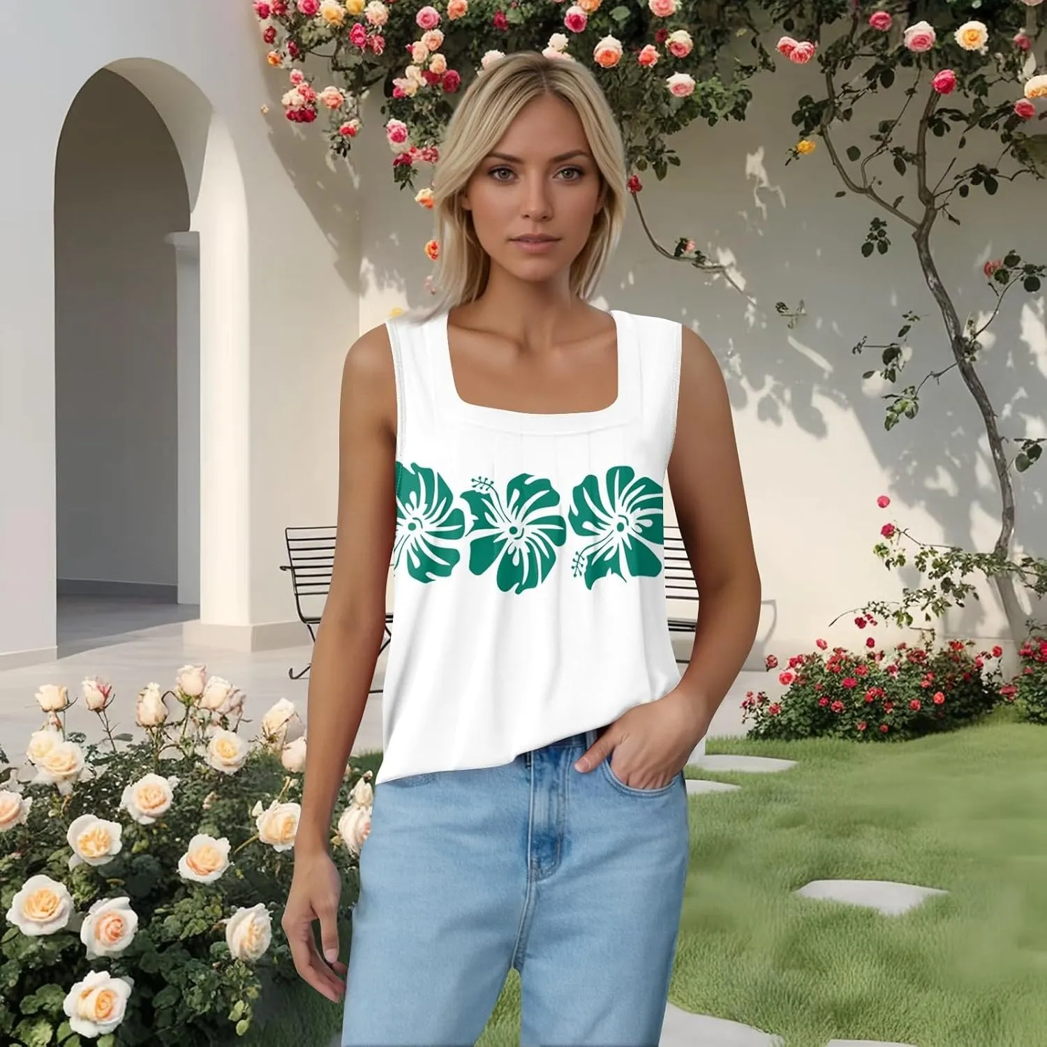 Summer Tank Tops for Women Casual Sleeveless Top Floral Print Pleated Square Neck Curved Hem Flowy Tanks