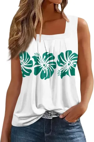 Summer Tank Tops for Women Casual Sleeveless Top Floral Print Pleated Square Neck Curved Hem Flowy Tanks