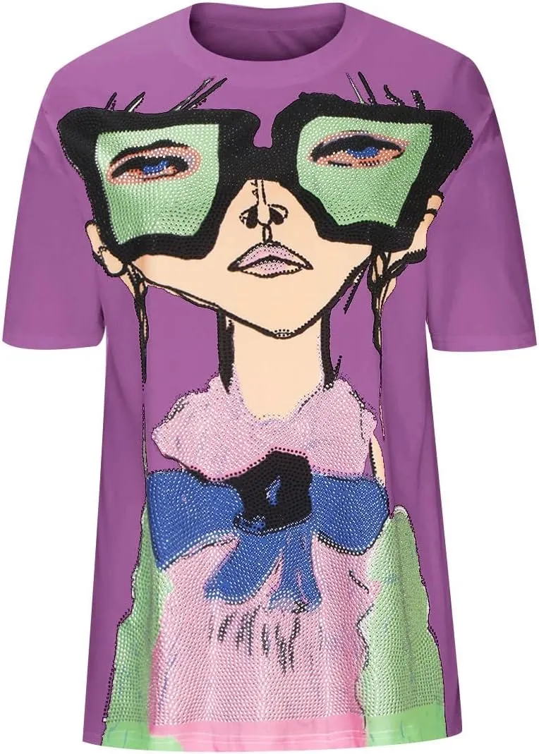 Summer Tops for Women 2025 Rhinestone Graphic Tees Womens Women's Going Out Tops Short Sleeve