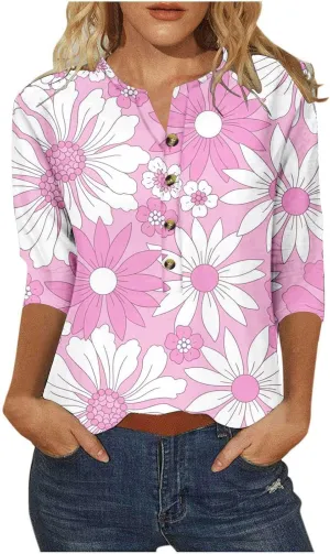 Summer Tops for Women 2025 Trendy Casual 3/4 Sleeve Floral Print Tees V-Neck Button Blouses Ladies Spring Clothing