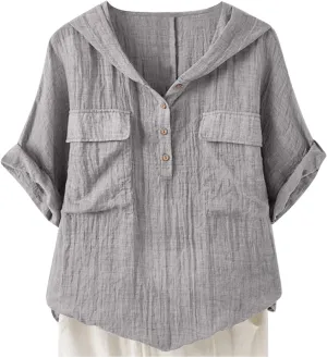 Summer Tops for Women 2025 Trendy Solid Color Loose Fit Tee Shirts Vintage Boho Vacation Tunic Blouses with Pockets