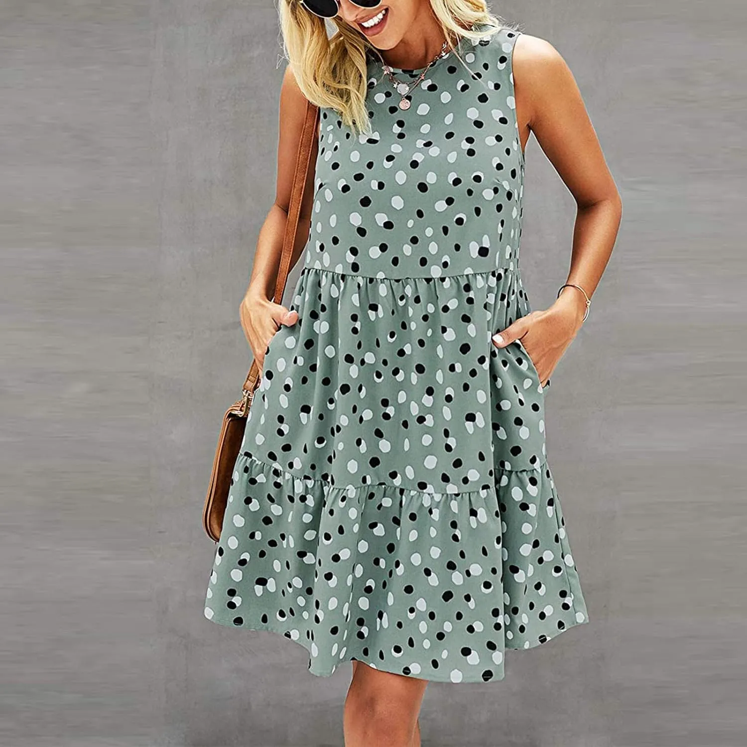 Sun Dresses Women Tank Dress Summer Dresses Ruched Dresses Sleeveless Polka Dot Casual Mini Aline Dress with Pocket