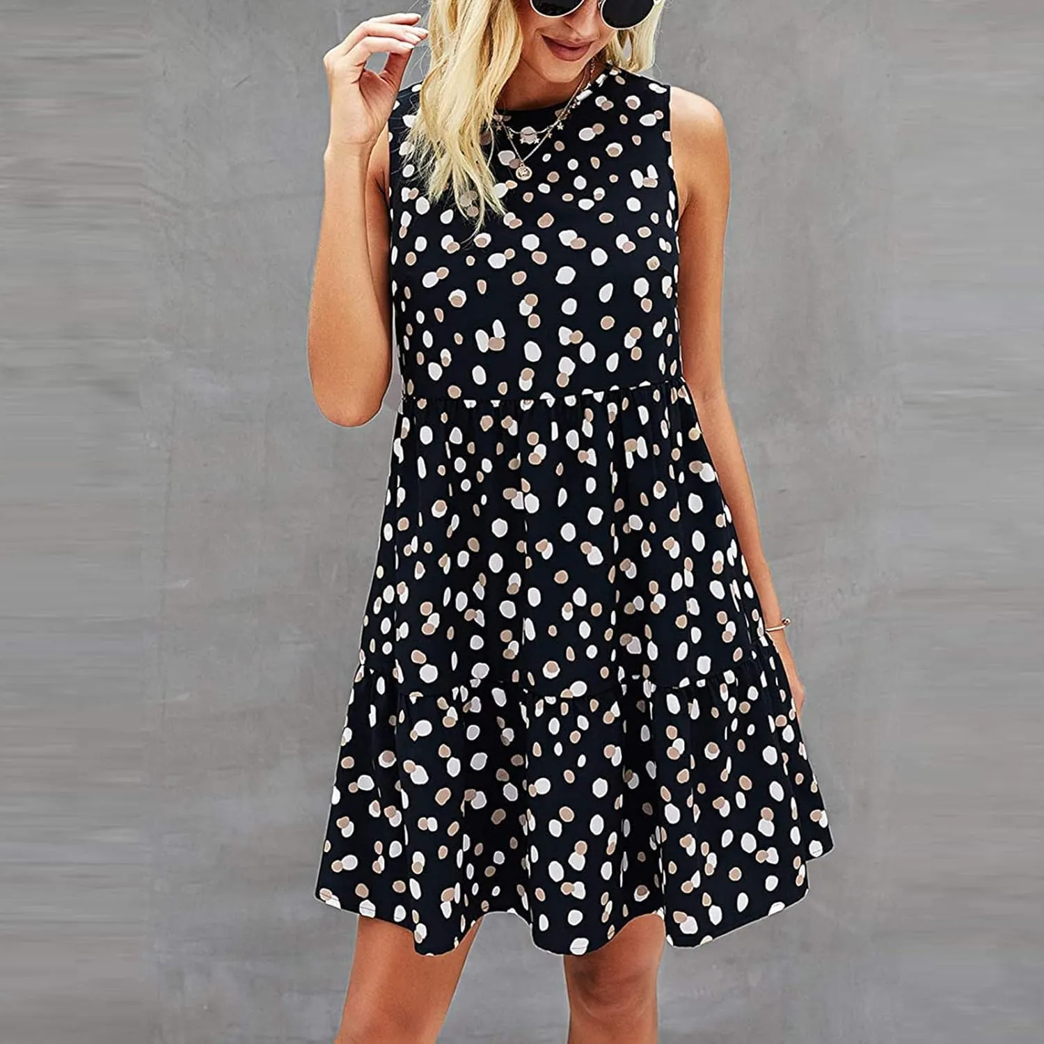 Sun Dresses Women Tank Dress Summer Dresses Ruched Dresses Sleeveless Polka Dot Casual Mini Aline Dress with Pocket