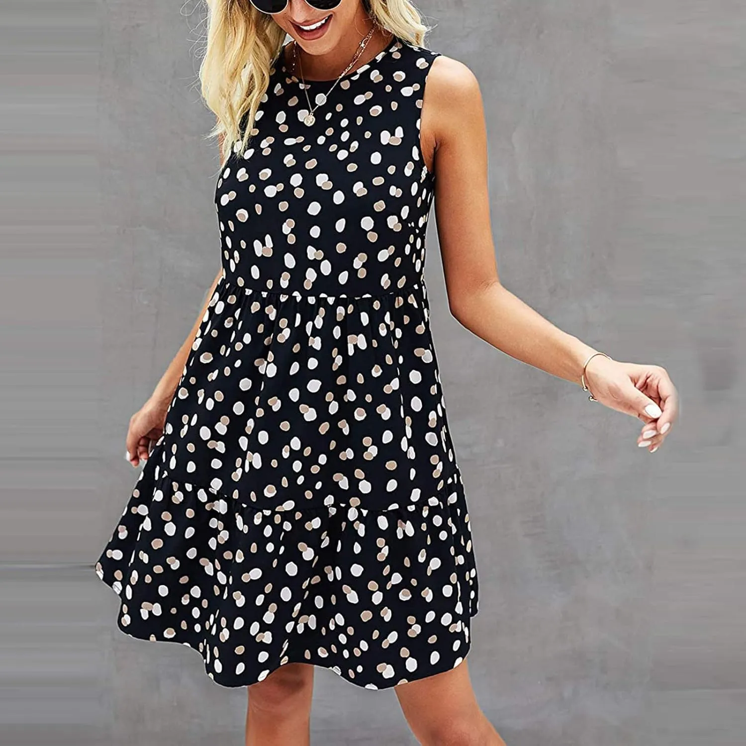 Sun Dresses Women Tank Dress Summer Dresses Ruched Dresses Sleeveless Polka Dot Casual Mini Aline Dress with Pocket