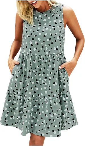 Sun Dresses Women Tank Dress Summer Dresses Ruched Dresses Sleeveless Polka Dot Casual Mini Aline Dress with Pocket