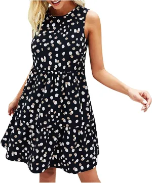 Sun Dresses Women Tank Dress Summer Dresses Ruched Dresses Sleeveless Polka Dot Casual Mini Aline Dress with Pocket