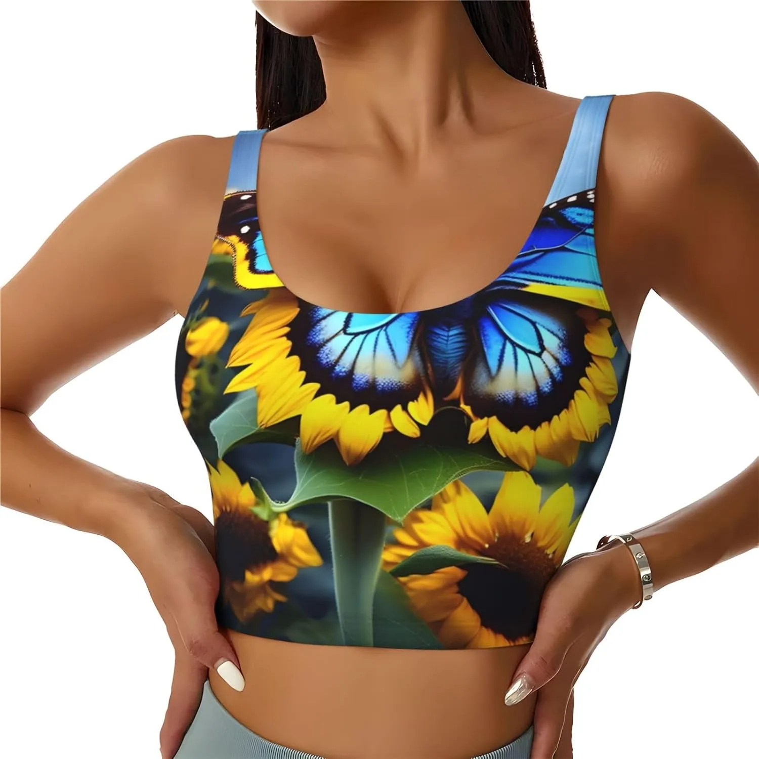 Sunflower Blue Butterfly Women's Sexy Sports Vest Sleeveless Athletic Gym T-Shirts Vest U-Shaped Back Quick Dry Top