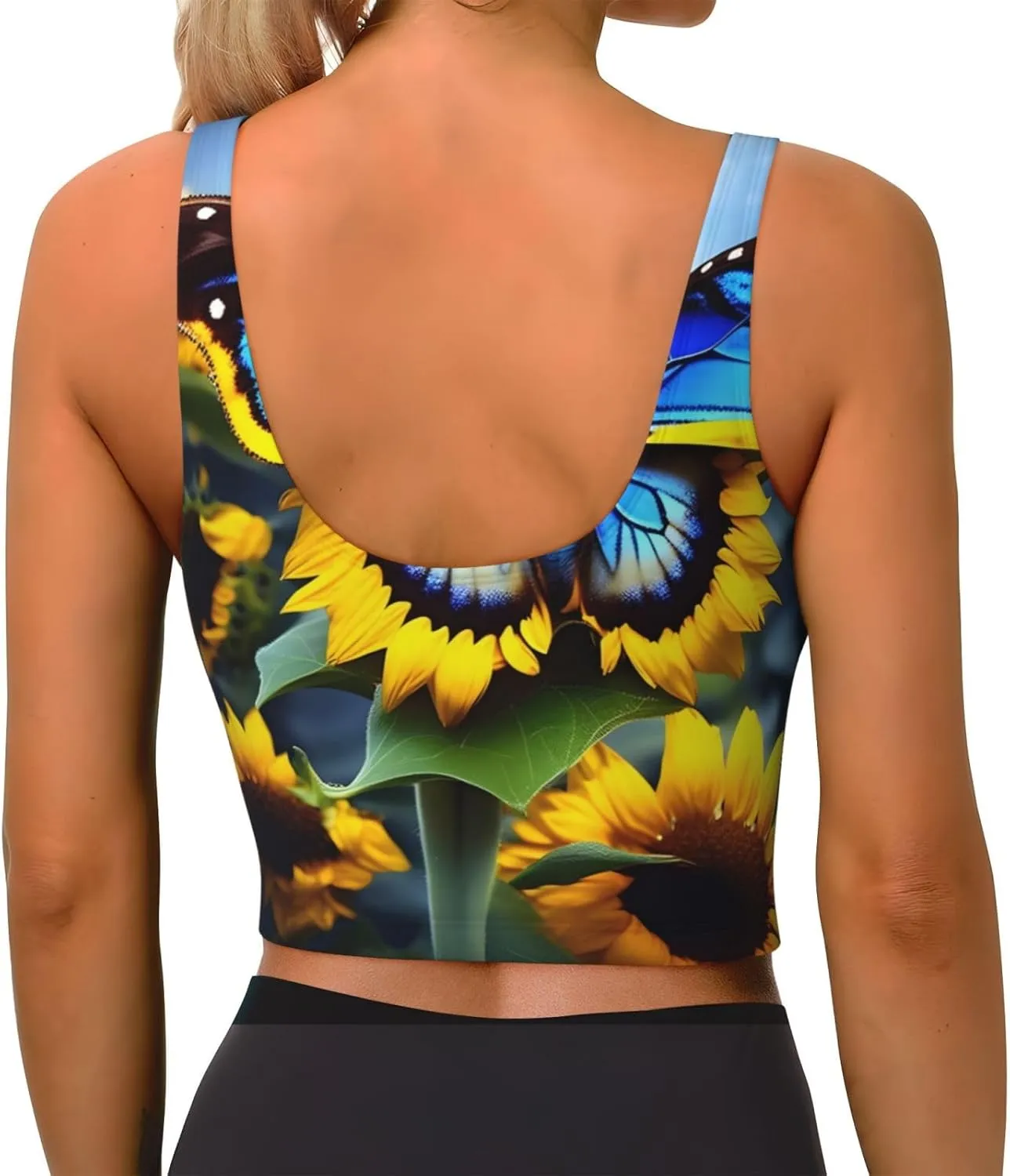 Sunflower Blue Butterfly Women's Sexy Sports Vest Sleeveless Athletic Gym T-Shirts Vest U-Shaped Back Quick Dry Top
