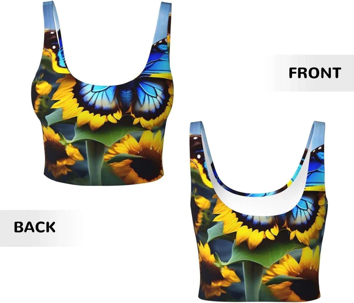 Sunflower Blue Butterfly Women's Sexy Sports Vest Sleeveless Athletic Gym T-Shirts Vest U-Shaped Back Quick Dry Top