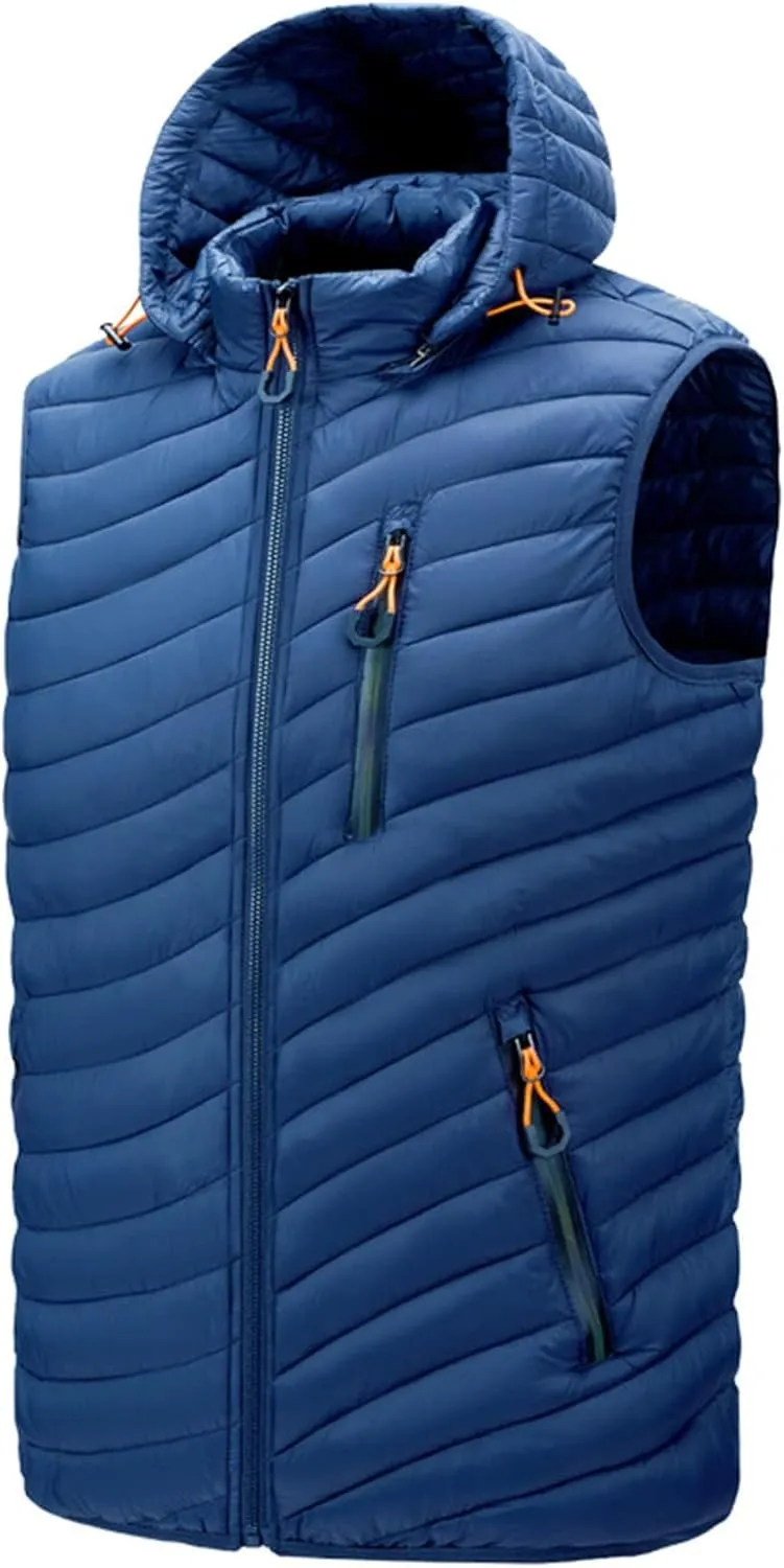 Thatrich Mens Quilted Puffer Vest Lightweight Sleeveless Zip Up Hooded Jackets Casual Stand Collar Vests Winter Outdoor Wear