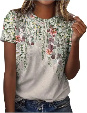 Tops for Women Trendy Casual Round Neck Short Sleeve Top Floral Print Tees Vintage Shirt Loose Lightweight Blouses