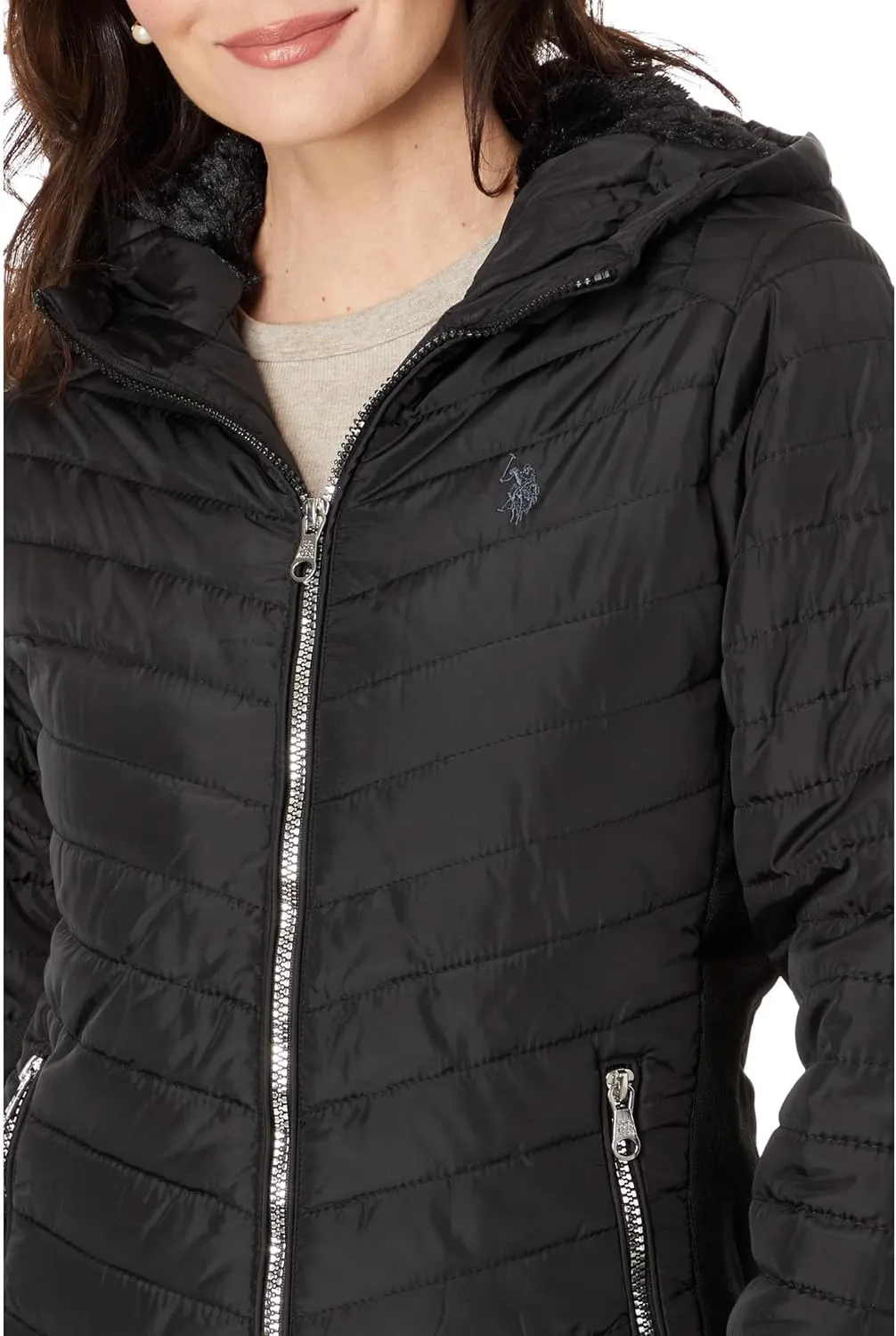 U.S. POLO ASSN. Chevron Quilted Moto Hooded Jacket with Rib Trim And Cozy Faux Fur Lining