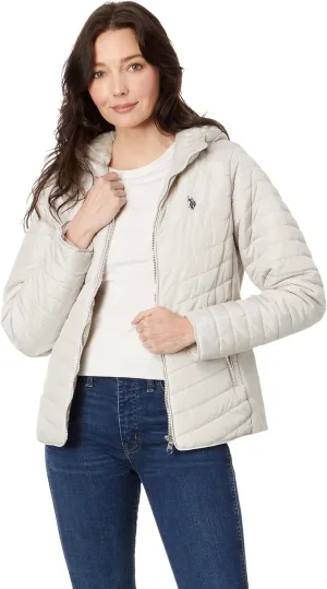 U.S. POLO ASSN. Chevron Quilted Moto Hooded Jacket with Rib Trim And Cozy Faux Fur Lining