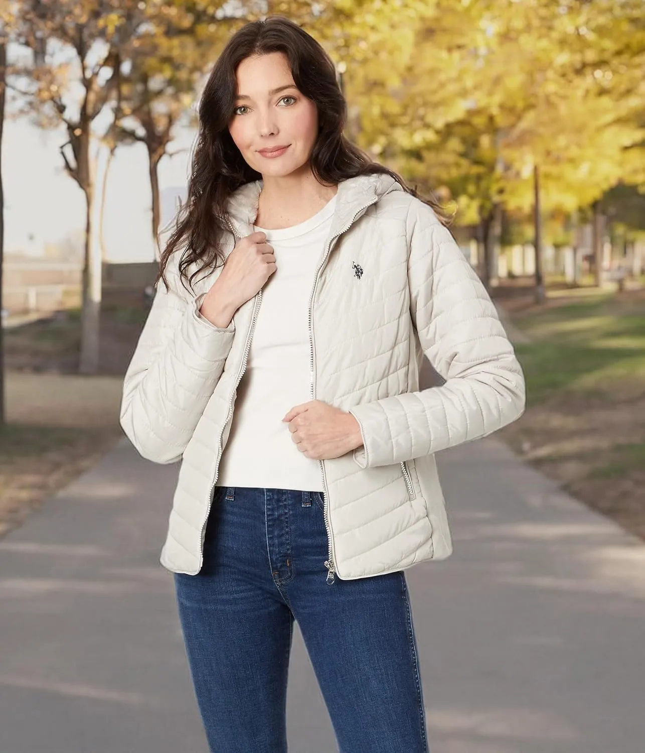U.S. POLO ASSN. Chevron Quilted Moto Hooded Jacket with Rib Trim And Cozy Faux Fur Lining