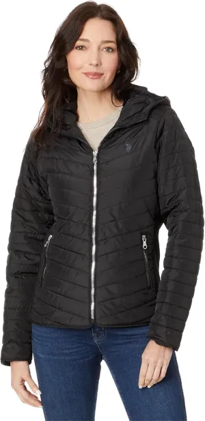 U.S. POLO ASSN. Chevron Quilted Moto Hooded Jacket with Rib Trim And Cozy Faux Fur Lining