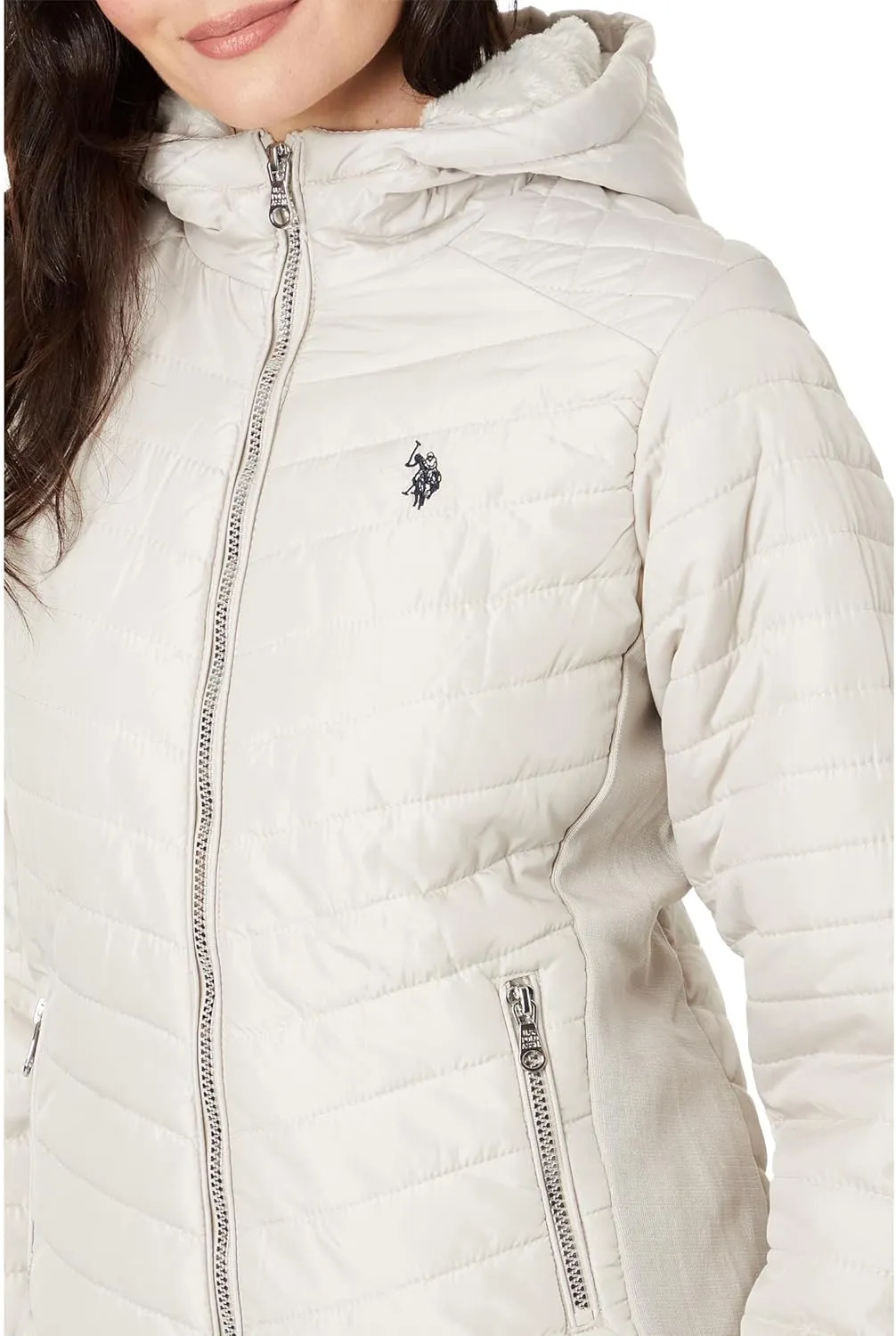 U.S. POLO ASSN. Chevron Quilted Moto Hooded Jacket with Rib Trim And Cozy Faux Fur Lining