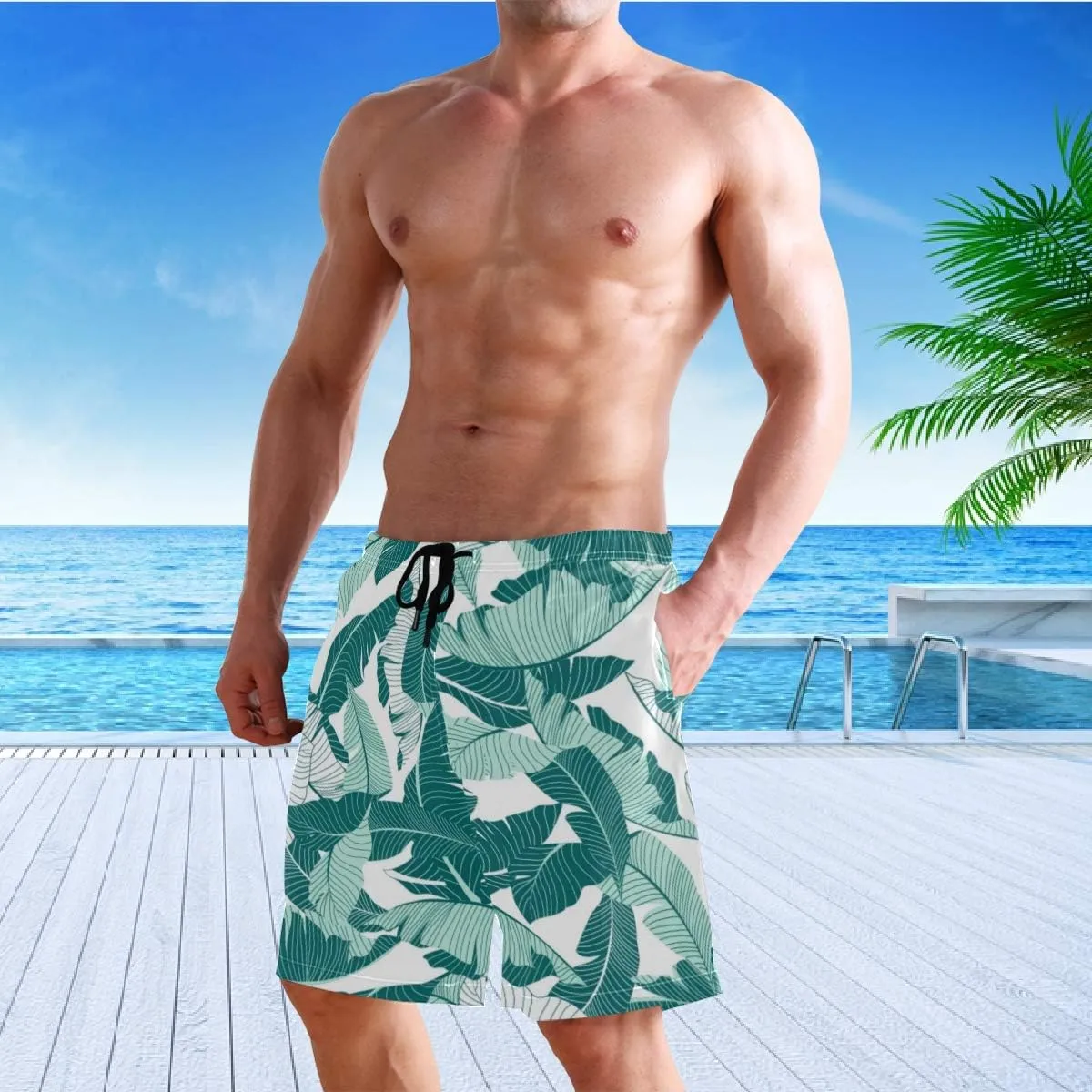 visesunny Blue Palm Leaf Print Men's Swim Trunks Quick Dry Summer Surf Beach Board Shorts with Mesh Lining/Side Pockets