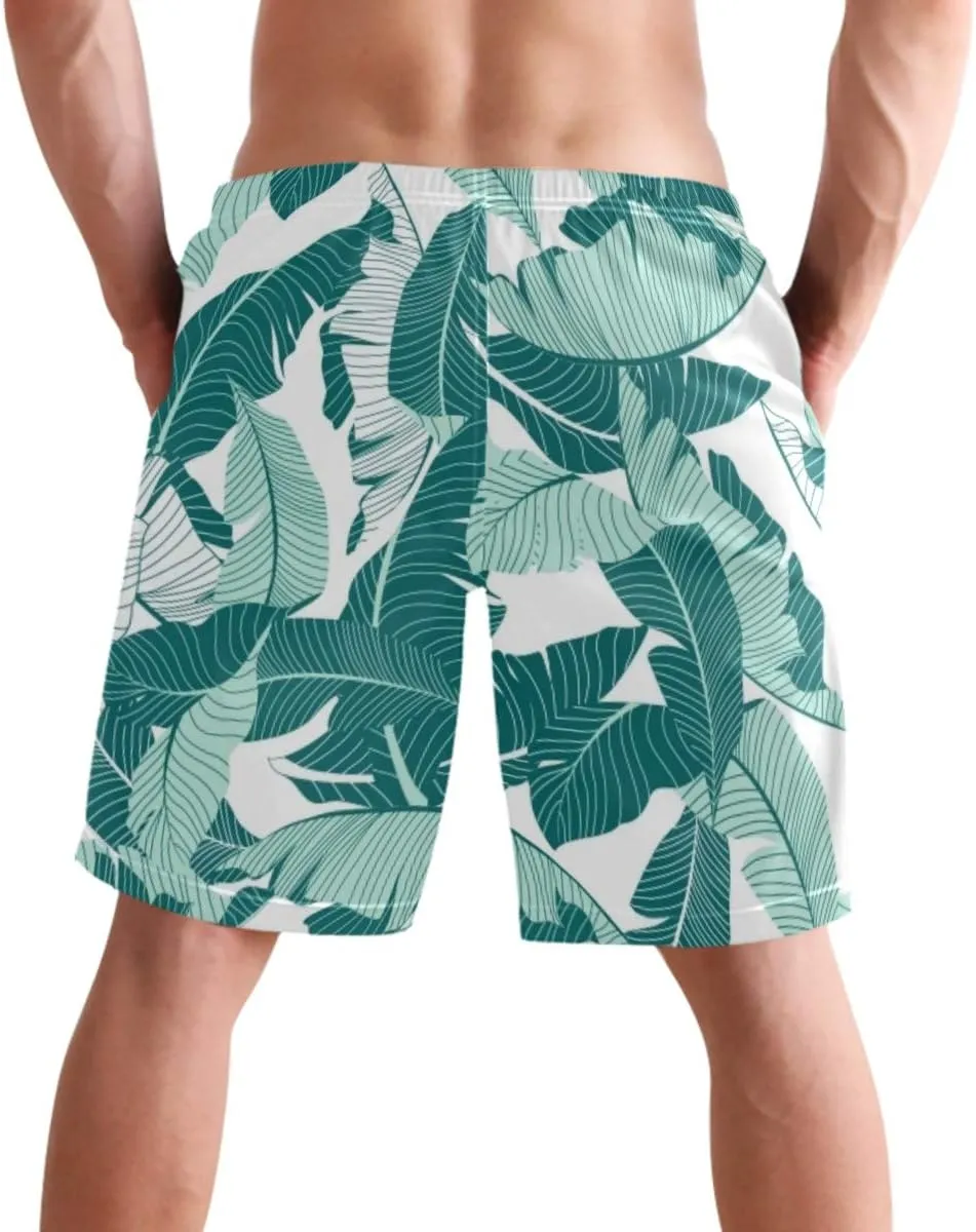 visesunny Blue Palm Leaf Print Men's Swim Trunks Quick Dry Summer Surf Beach Board Shorts with Mesh Lining/Side Pockets