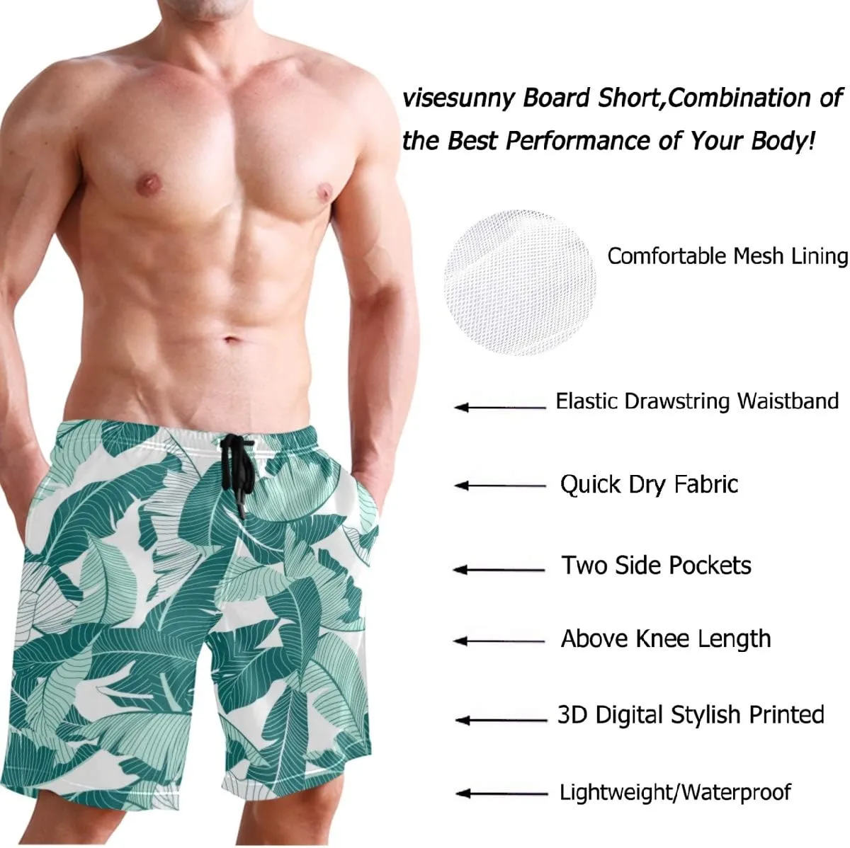 visesunny Blue Palm Leaf Print Men's Swim Trunks Quick Dry Summer Surf Beach Board Shorts with Mesh Lining/Side Pockets