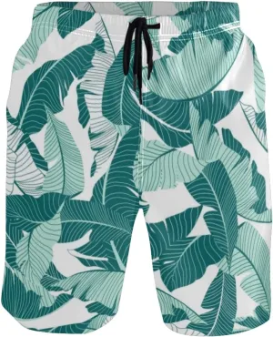 visesunny Blue Palm Leaf Print Men's Swim Trunks Quick Dry Summer Surf Beach Board Shorts with Mesh Lining/Side Pockets