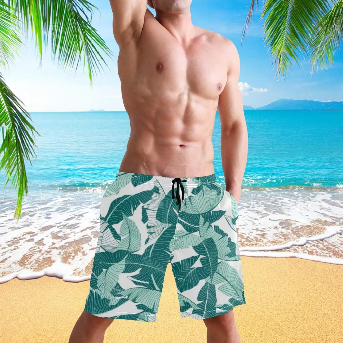 visesunny Blue Palm Leaf Print Men's Swim Trunks Quick Dry Summer Surf Beach Board Shorts with Mesh Lining/Side Pockets