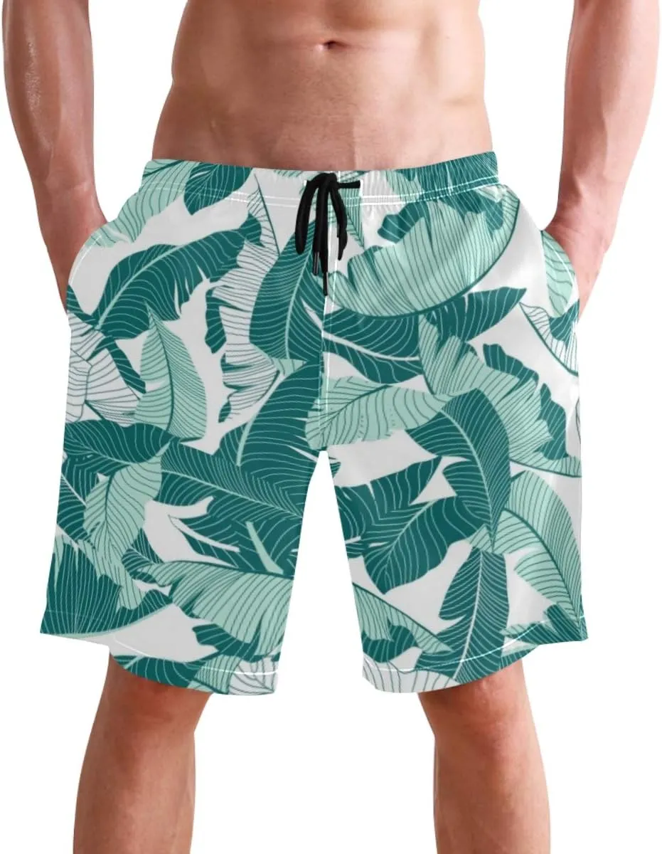 visesunny Blue Palm Leaf Print Men's Swim Trunks Quick Dry Summer Surf Beach Board Shorts with Mesh Lining/Side Pockets
