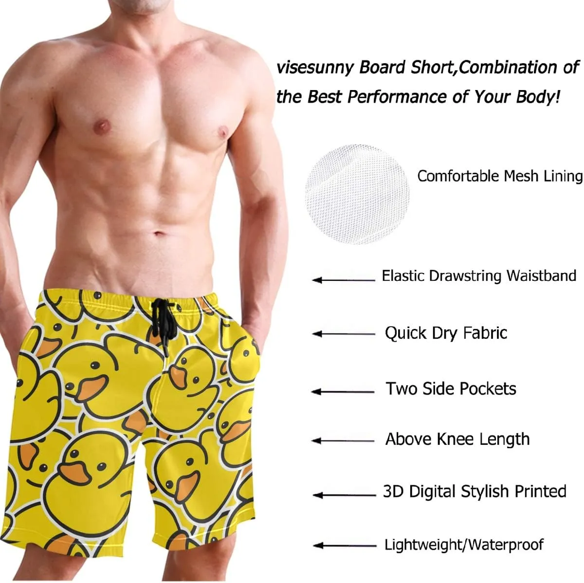 visesunny Fashion Cool Style Men's Beach Shorts Swim Trunks Quick Dry Casual Polyester Swim Shorts with Pockets S-XXL
