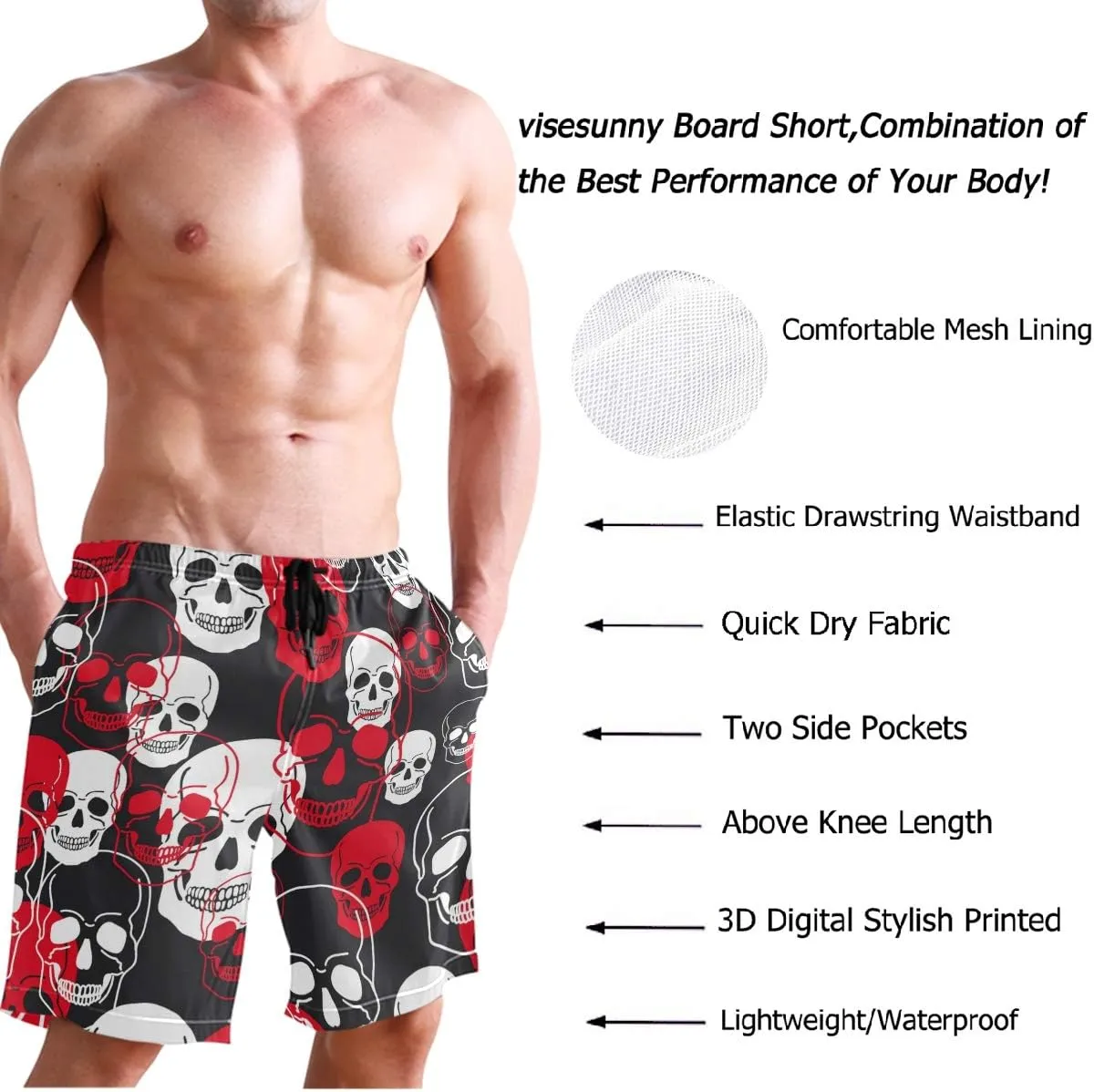 visesunny Fashion Cool Style Men's Beach Shorts Swim Trunks Quick Dry Casual Polyester Swim Shorts with Pockets S-XXL