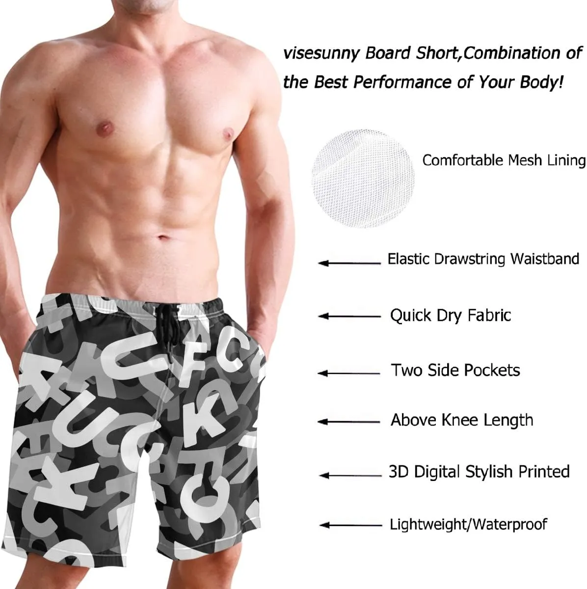 visesunny Fashion Cool Style Men's Beach Shorts Swim Trunks Quick Dry Casual Polyester Swim Shorts with Pockets S-XXL