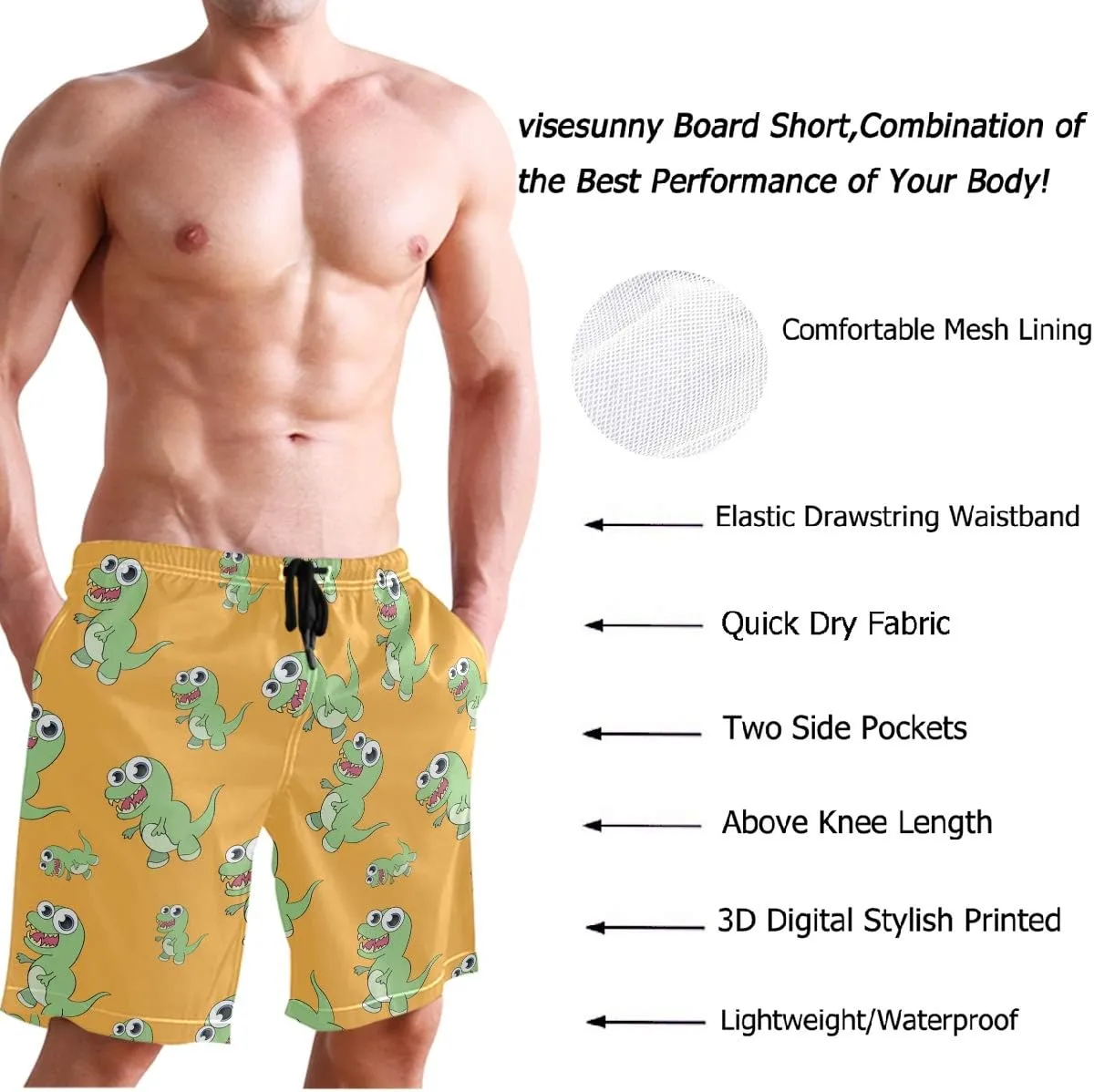 visesunny Fashion Cool Style Men's Beach Shorts Swim Trunks Quick Dry Casual Polyester Swim Shorts with Pockets S-XXL