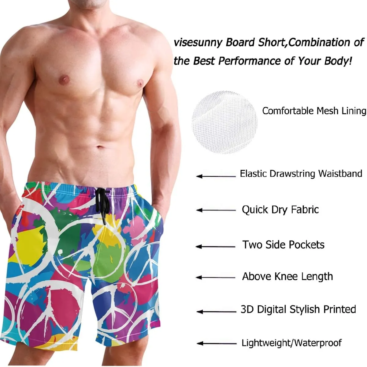 visesunny Fashion Cool Style Men's Beach Shorts Swim Trunks Quick Dry Casual Polyester Swim Shorts with Pockets S-XXL
