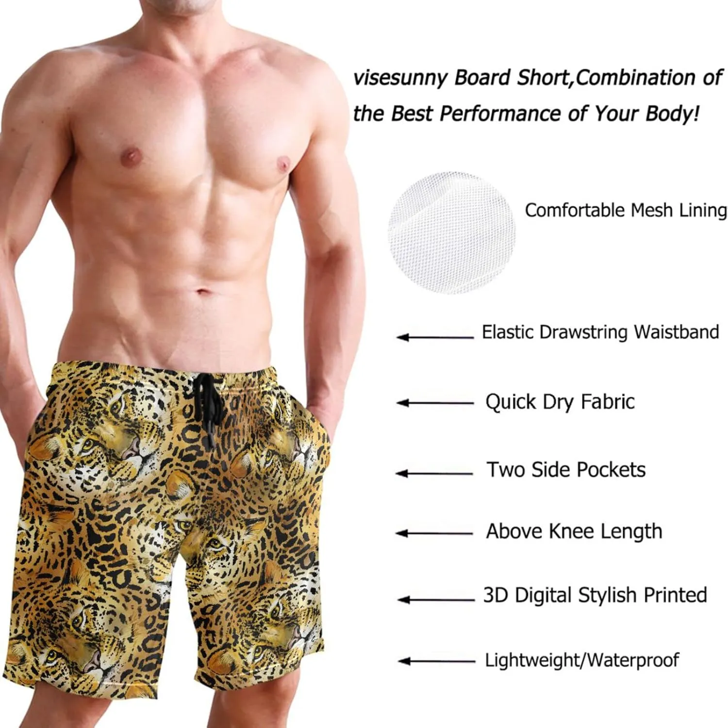 visesunny Fashion Funny Style Men's Beach Shorts Swim Trunks Quick Dry Casual Polyester Swim Shorts with Pockets S-XXL
