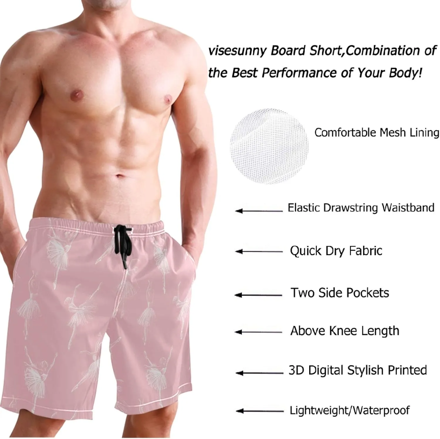 visesunny Fashion Funny Style Men's Beach Shorts Swim Trunks Quick Dry Casual Polyester Swim Shorts with Pockets S-XXL