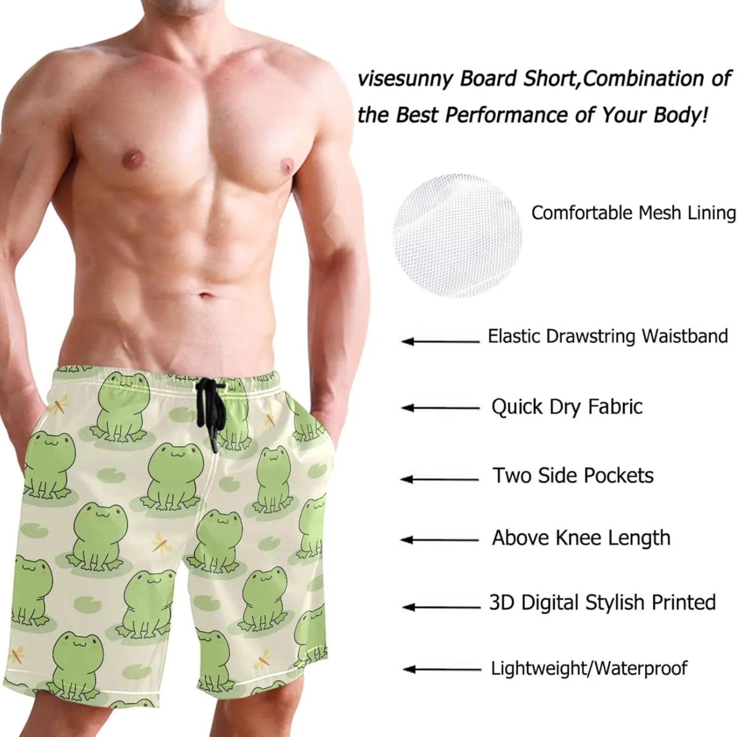 visesunny Fashion Funny Style Men's Beach Shorts Swim Trunks Quick Dry Casual Polyester Swim Shorts with Pockets S-XXL