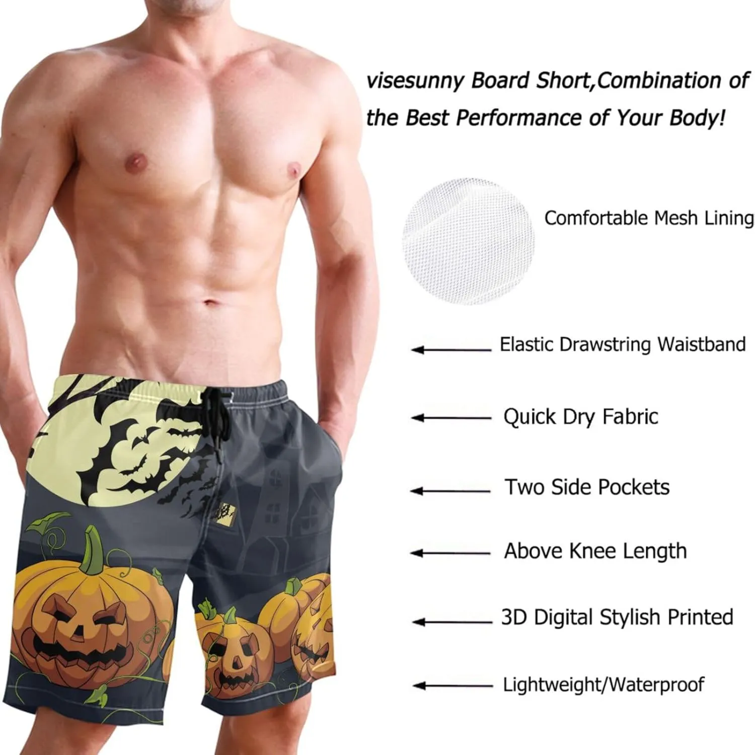 visesunny Men's Novelty Beach Shorts Quick Dry Swimwear Sports Running Swim Board Shorts Bathing Suits Mesh Lining